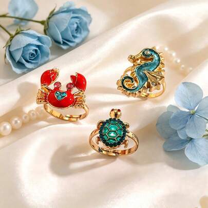 1 Set de 3 Anillos Ajustables con Diseños Esmaltados Lindos de Cangrejo, Caballito de Mar y Tortuga de Tema Oceánico, Accesorios Caprichosos y Juveniles