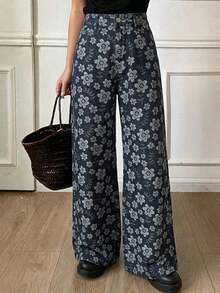 Jeans rectos de ajuste holgado con parches de cuadros y rayas para mujer, uso casual de oficina, otoño/primavera - Azul lavado oscuro - Ver 3