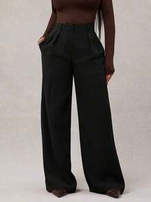 Pantalones anchos de pierna ancha de color café oscuro de moda minimalista para mujeres, pantalones de tela marrón de pierna ancha para el trabajo, pantalones de tiro alto de pierna ancha marrón para mujeres, pantalones de traje marrón para otoño/invierno - Negro - Ver 1