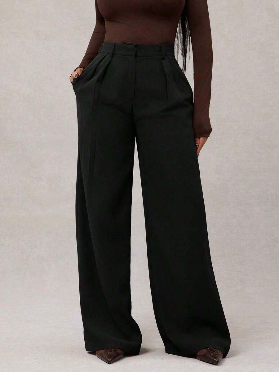 Pantalones anchos de pierna ancha de color café oscuro de moda minimalista para mujeres, pantalones de tela marrón de pierna ancha para el trabajo, pantalones de tiro alto de pierna ancha marrón para mujeres, pantalones de traje marrón para otoño/invierno - Negro - Ver 1