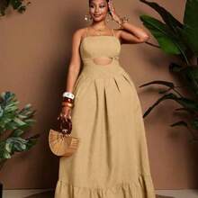 Plus Size Sexy Spaghetti Strap Hollow Out Pleated Backless Summer Dress - Caqui - Ver 1