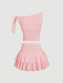 Conjunto de top de tirantes y minifalda plisada y con decoración de flores metálicas para mujer, ideal para el verano - Rosa vieja - Ver 4