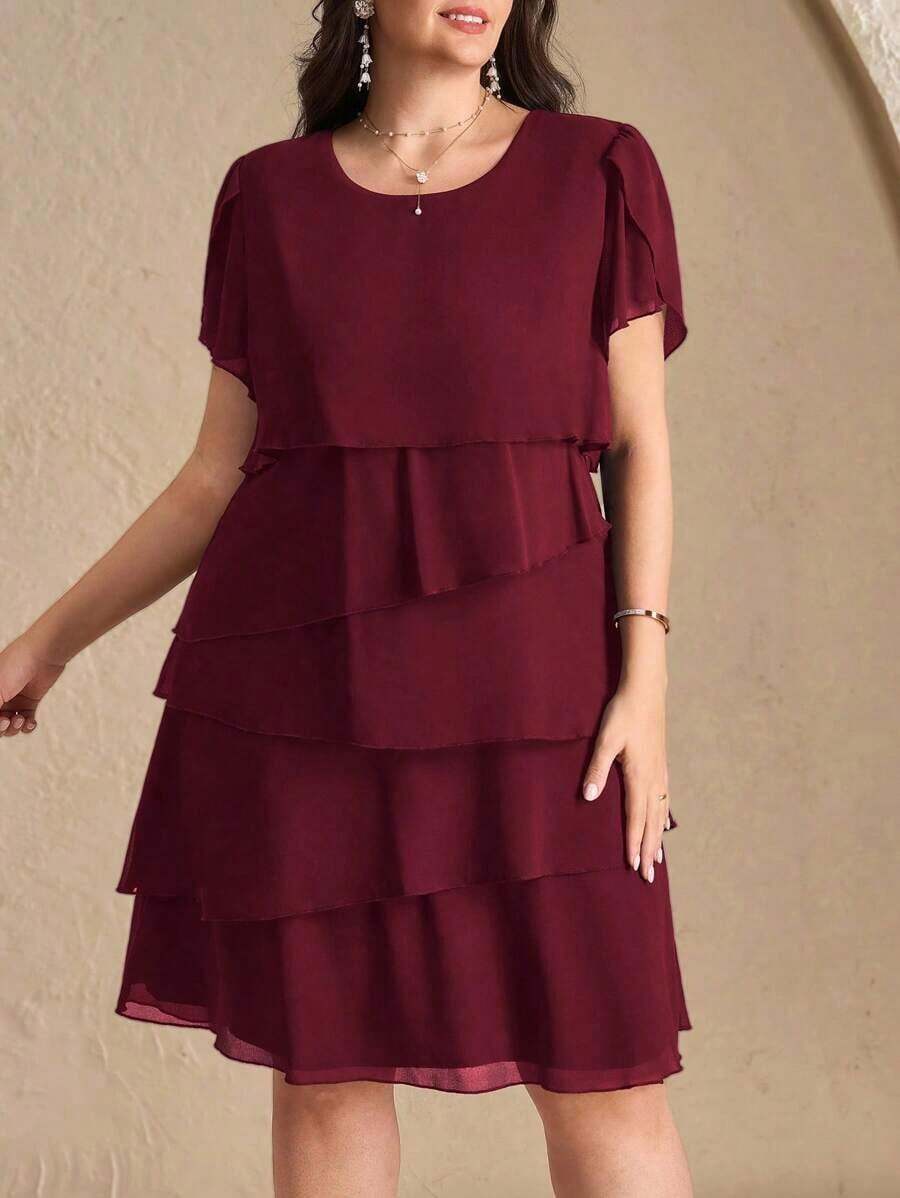 Reflora Vestido de moda con cuello redondo, mangas con volantes y estampado floral para mujer de talla grande - Burdeos - Ver 1