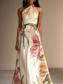 Women Halter Neck Floral Satin Maxi Dress, Elegant Waist Tie Flowy Long Gown For Wedding Guest - 杏色 - 查看 1