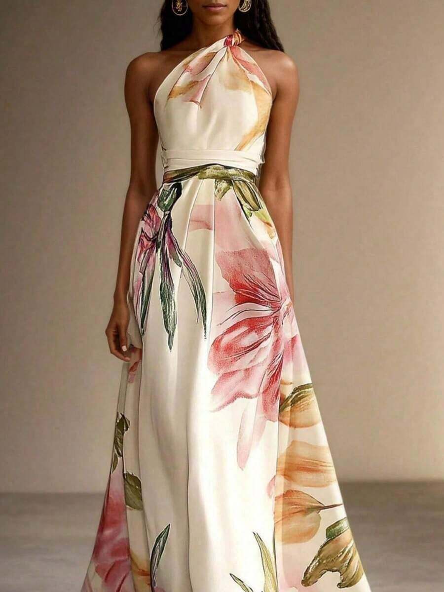 Women Halter Neck Floral Satin Maxi Dress, Elegant Waist Tie Flowy Long Gown For Wedding Guest - 杏色 - 查看 1