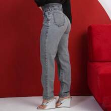 Women's Mom Jeans, High Waist, Marbled Effect. - Graphite - View 1