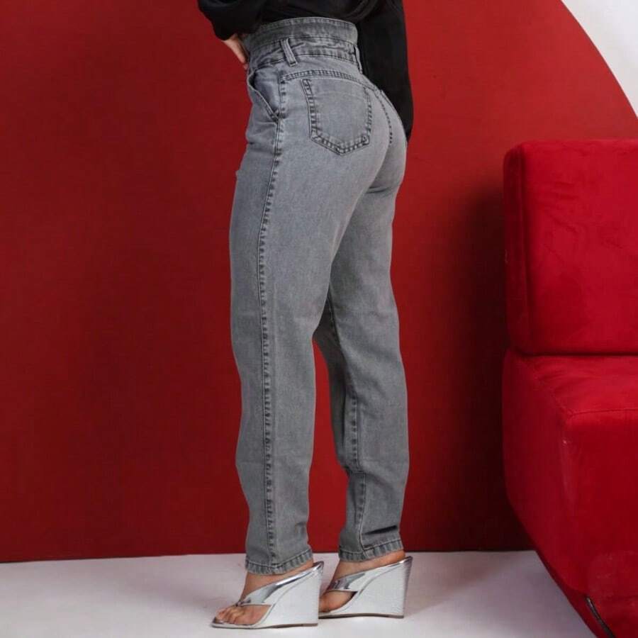 Women's Mom Jeans, High Waist, Marbled Effect. - Graphite - View 1