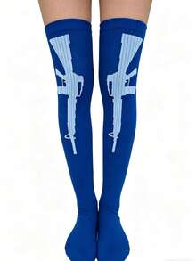 Unisex Solid Color Minimalist Streetwear Thigh High Socks, Mysterious Party Celebration Striped Knee-High Socks - Black and White - View 27