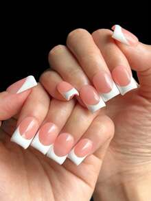 10 miếng dán móng tay vuông thủ công, nền hồng với đầu móng trắng kiểu Pháp, móng giả acrylic tối giản, bề mặt bóng, phù hợp cho các bạn nữ sử dụng hàng ngày, đi nghỉ mát, dự tiệc và đi học. Bao gồm gel và dũa móng. - Nhiều màu - Xem 4