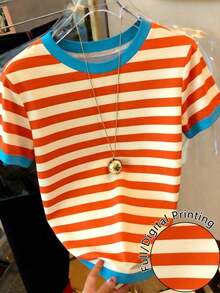 Camiseta de mujer de cuello redondo de manga corta con bloques de color y rayas - Multicolor 2 - Ver 4