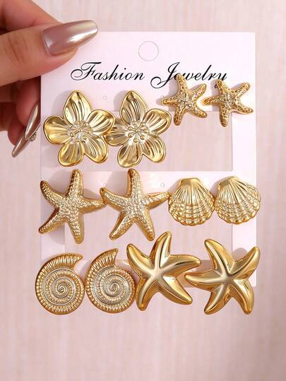 1/6 Pairs Gold Starfish, Seashell, Conch, 5-Petal Flower Earring Set, Suitable For Summer Travel And Vacation Wear, Best Gift For Family And Friends