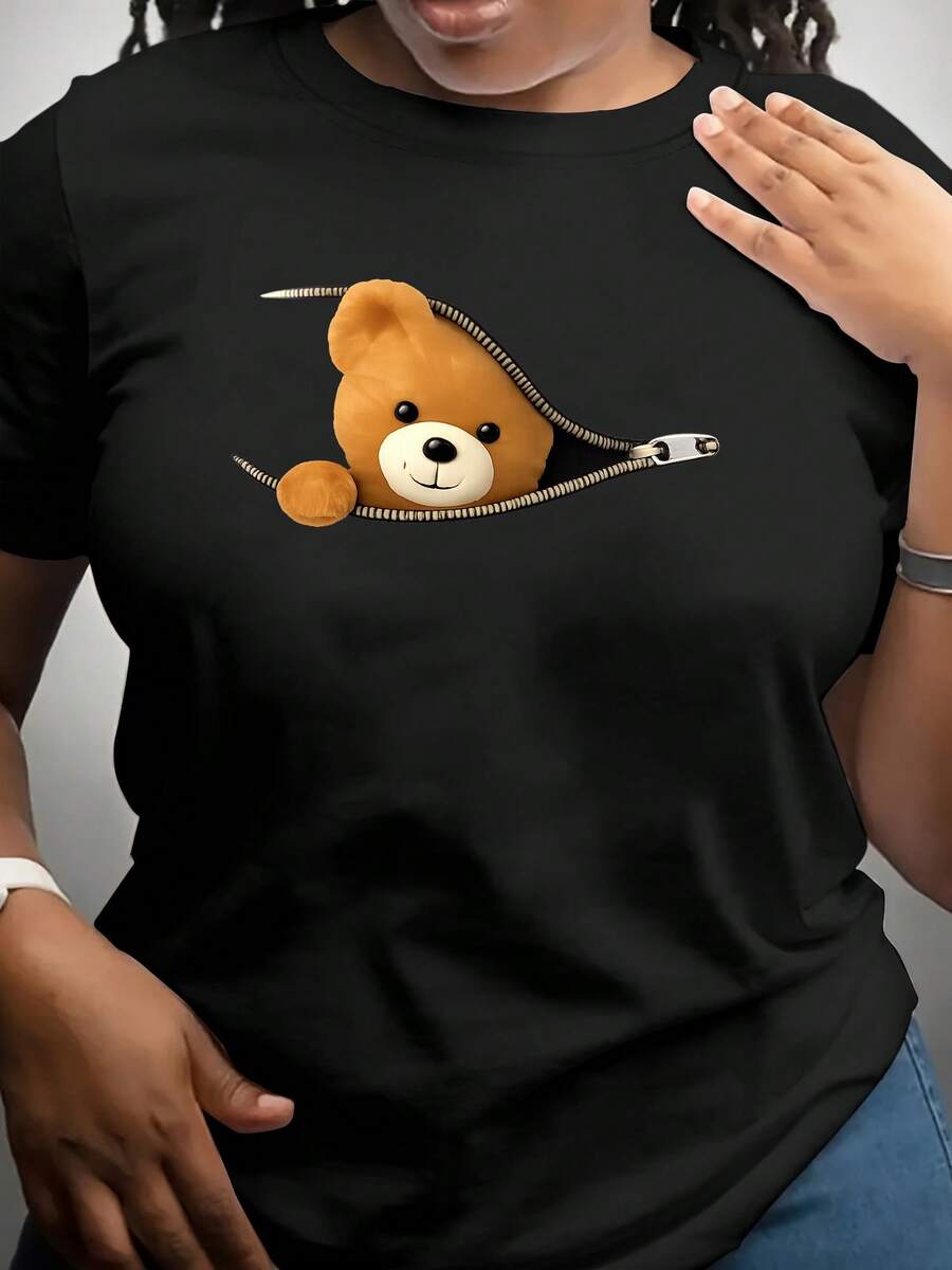 Women's Chunky Knit T-Shirt With Zipper And Bear Print - 180g Milk Yarn, Medium Elasticity, Casual Short Sleeve, Round Neck For Spring, Summer And Autumn - Gift Idea - 黑色 - 查看 1