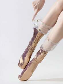1 par de calcetines de media caña brillantes de unicolor con flores de encaje dulce en negro/blanco/amarillo/plateado, para primavera/verano - Multicolor - Ver 7