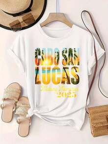 Camiseta Casual con Estampado de Moda para Mujer, Escena de Atardecer Tropical en Cabo San Lucas, Adecuada para Todas las Temporadas  
 -Blanco - Blanco - Ver 2