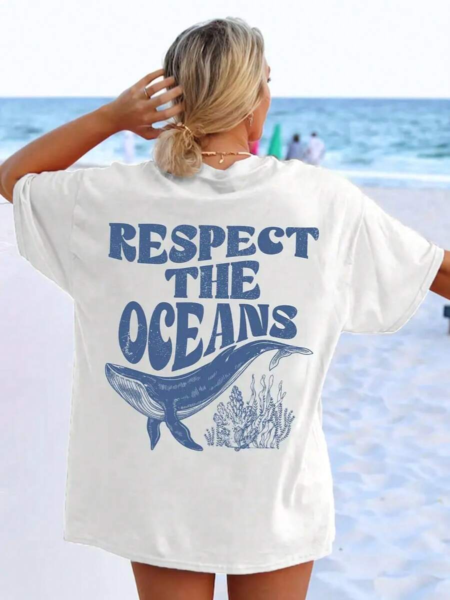 Women's Casual Short Sleeve Crew Neck T-Shirt - Whale And Coral Reef Graphic Print, Relaxed Fit With Drop Shoulders, Breathable Medium Stretch Fabric, Machine Washable, All Season Top, Ocean Themed Clothing, Fun Y2k Print T-Shirt - 白色 - 查看 1