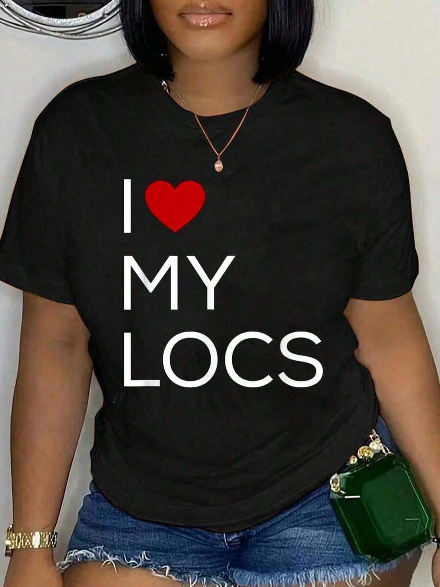 Playera de mujer 100% algodón manga corta cuello redondo gráfico de "I ❤️   My Locs" con corazón para verano - Negro - Ver 1