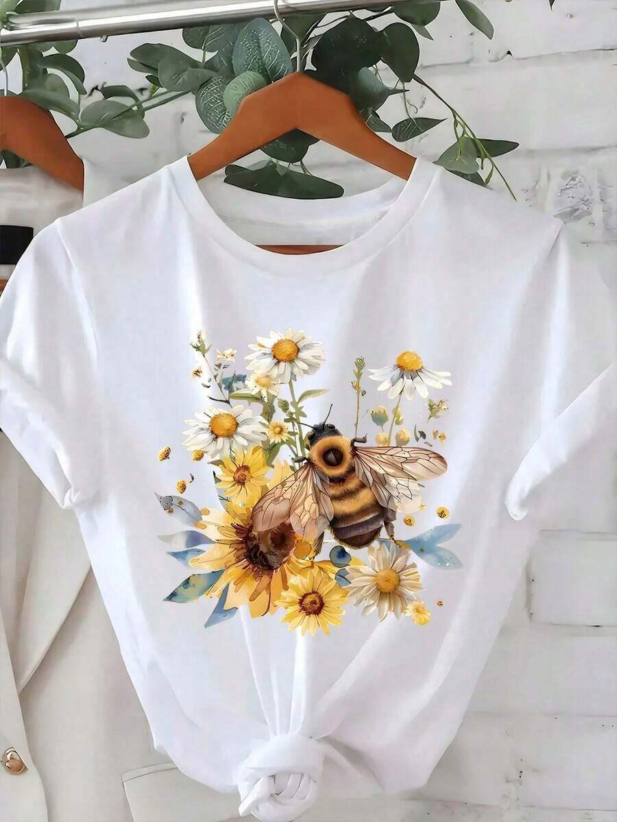 Women's Casual Short Sleeve T-Shirt - Bee And Flower Print, Crew Neck, Breathable And Machine Washable Fabric, Spring-Summer Fashion, White With Bright Yellow And Blue Accents. Women's T-Shirt, Local Community Store, In Stock, Soft Cotton, Comfortable, Available At A Discount, Suitable For Easter, Halloween, Thanksgiving, Etc. - 白色 - 查看 1