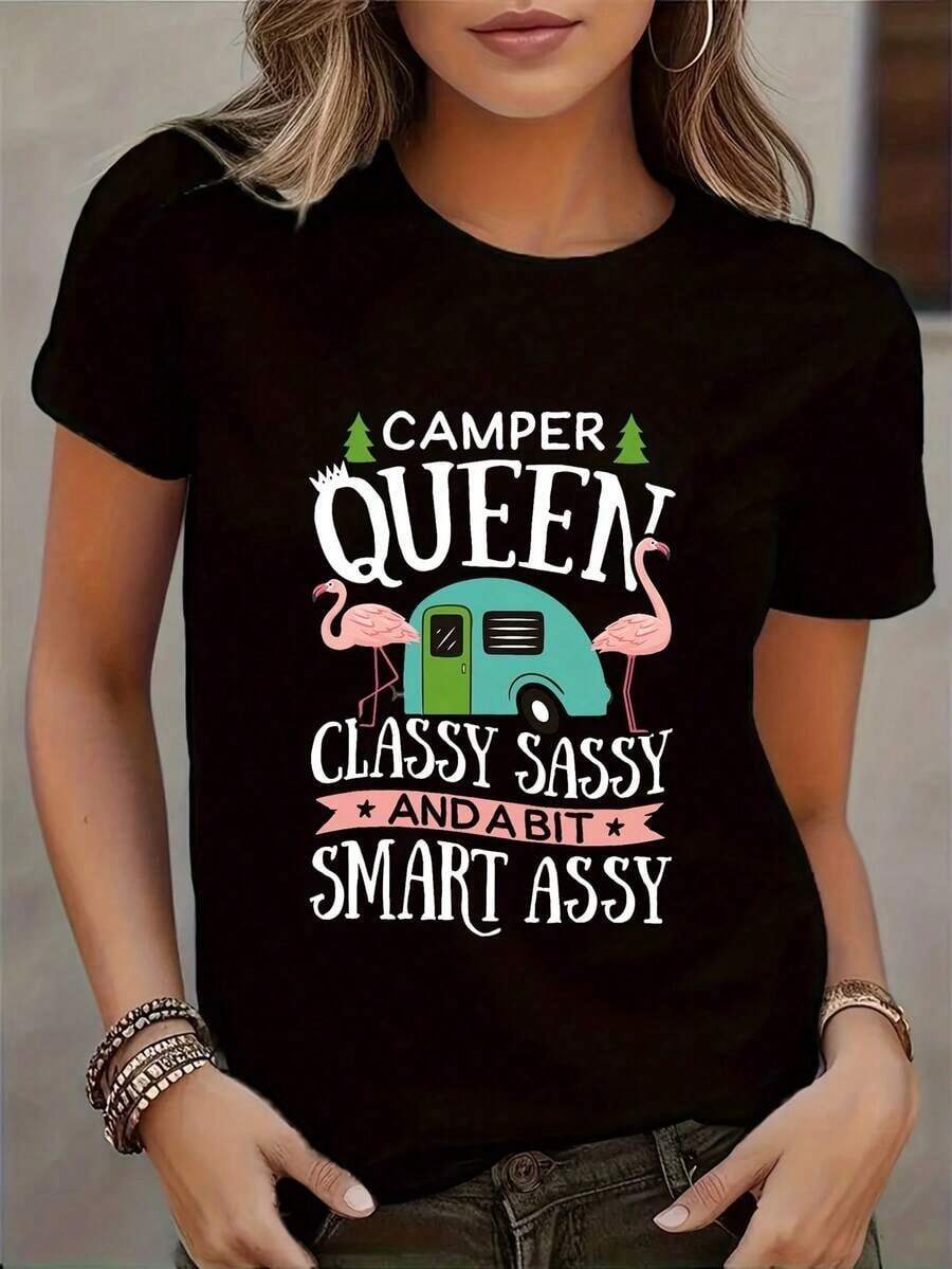 Women's Graphic Print T-Shirt For Camping Enthusiasts, Round Neck, Casual Style For Everyday Wear, Women's Clothing - 黑色 - 查看 1