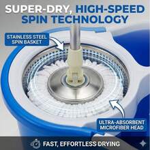 Spin Mop And Bucket With Wringer, Hands-Free Wringing 360° Swivel Head, Self-Standing Bucket With 3 Refills And Long Handle For Hardwood Floor Tile Laminate Cleaning - 藍色的 - 查看 4