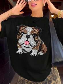 Women's Casual Short-Sleeve Crew Neck T-Shirt With A Regular Fit, Featuring Pearl Puppy Sequins And Shimmering Gold Trim. This Women's Faux Denim T-Shirt Has A Dog Print, Short Sleeves, A Crew Neck, A Distressed Blue Design With A Black Puppy Graphic, And Is Made From A Soft Polyester Blend Perfect For Spring And Summer. A Playful Graphic Summer Fashion Piece. - 黑色 - 查看 9
