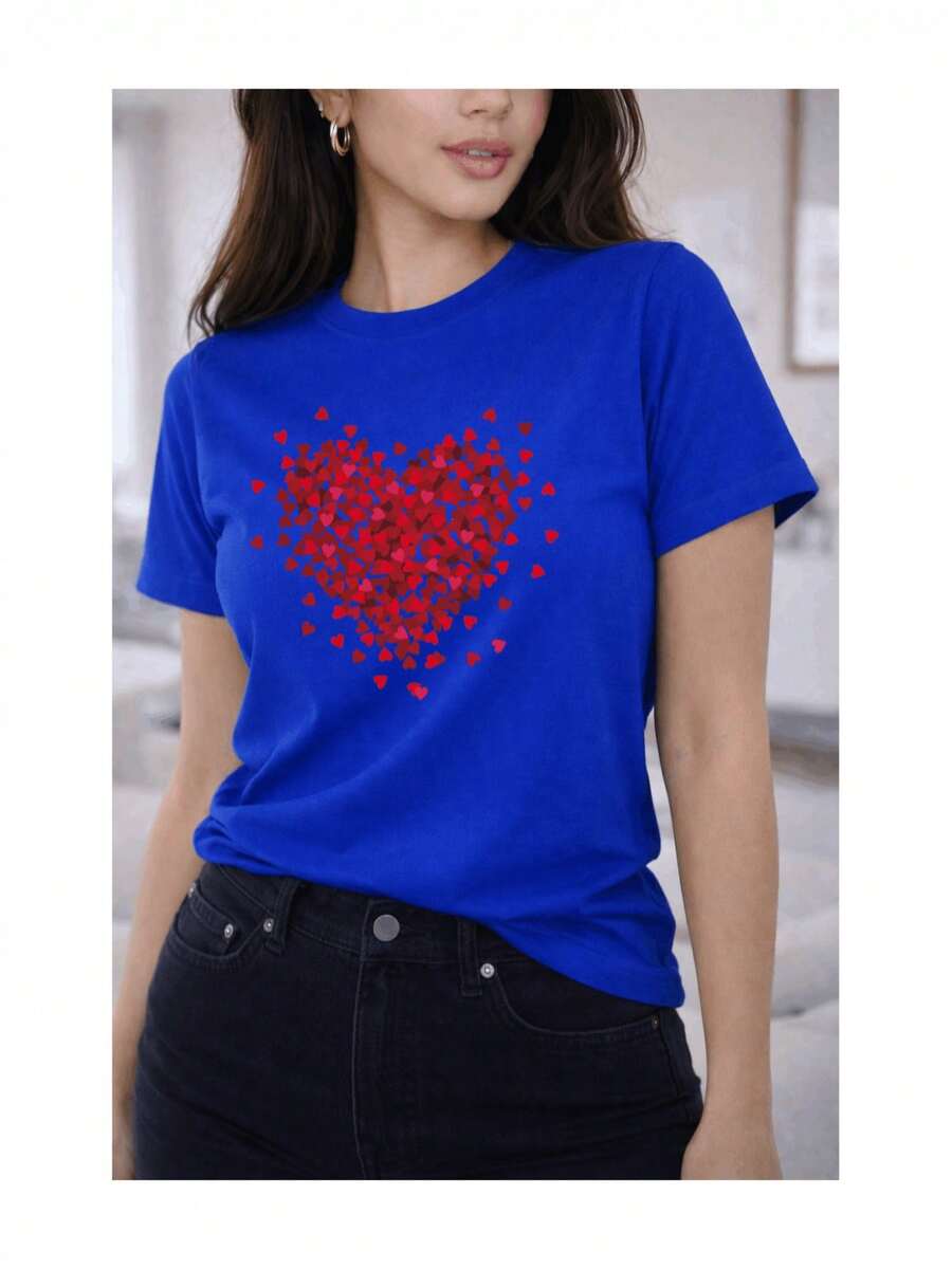 Soft 100% Cotton T-Shirt, Short Sleeve, Heart Mosaic Sleeve Print, Romantic Casual Style, Micro Hearts, Breathable Cotton T-Shirt, Goes With Everything, Great. - 藍色 - 查看 1