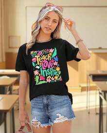 PECHAR - Short-Sleeved T-Shirts For Teachers, Bohemian Design, Wild Floral Design - Black - View 4