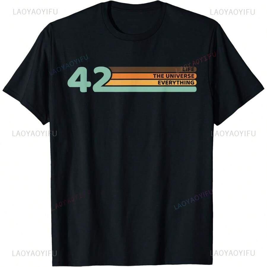 Camiseta informal de punto de manga corta con estampado '42 Life the Universe Everything', top de largo regular para mujer. - Negro - Ver 1