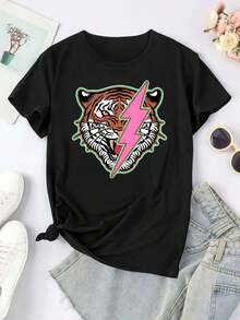 Tiger Head And Pink Lightning Bolt Graphic T-Shirt For Men And Unisex - Black, Casual, Loose Fit, Short Sleeve, Crew Neck, For Sports, Beach And Everyday Wear - Breathable, Comfortable For All Seasons, Beachwear, Fashionable T-Shirt, Durable Fabric Shirt, Y2k Style - 白色 - 查看 1