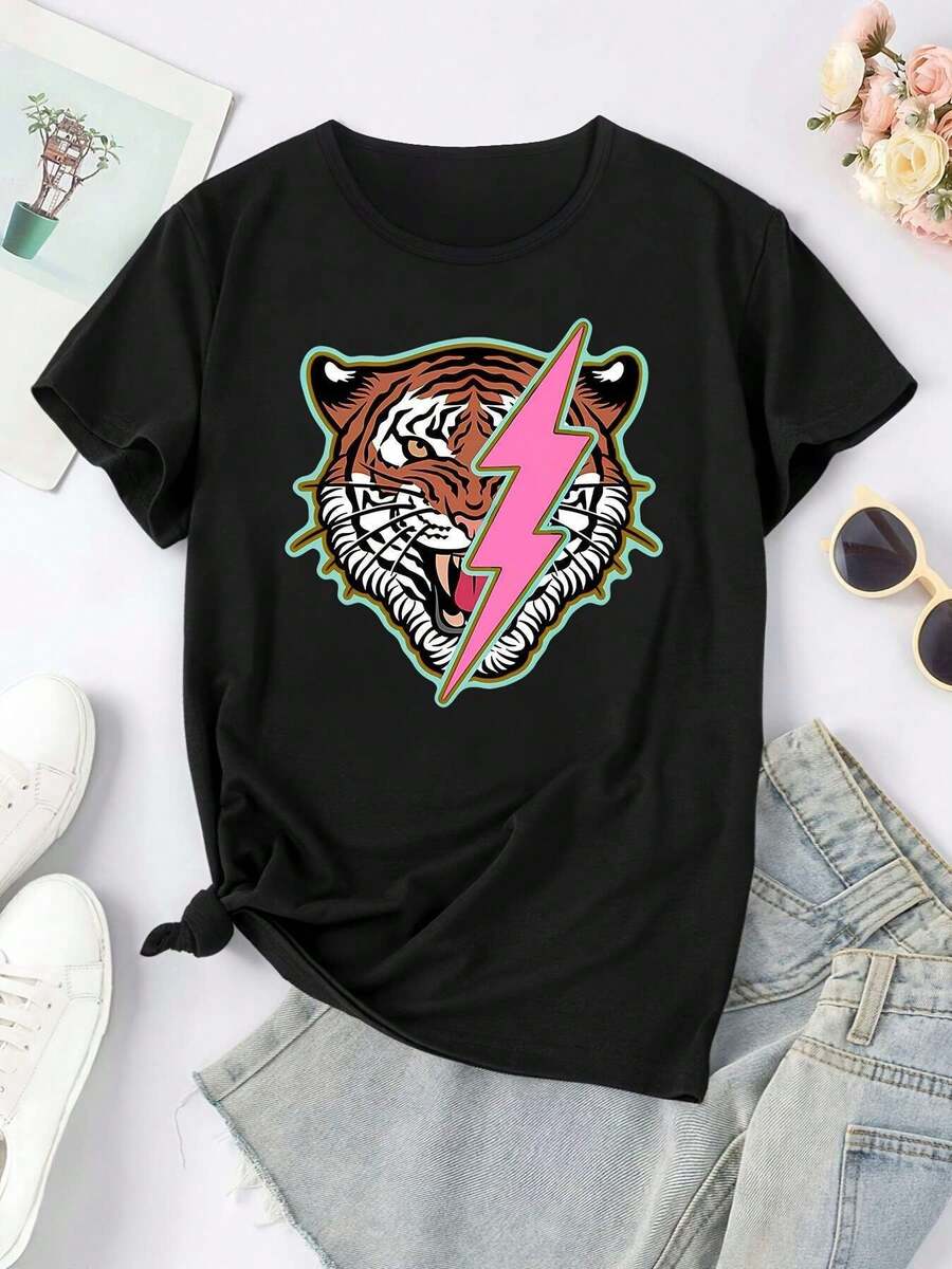Tiger Head And Pink Lightning Bolt Graphic T-Shirt For Men And Unisex - Black, Casual, Loose Fit, Short Sleeve, Crew Neck, For Sports, Beach And Everyday Wear - Breathable, Comfortable For All Seasons, Beachwear, Fashionable T-Shirt, Durable Fabric Shirt, Y2k Style - 白色 - 查看 1