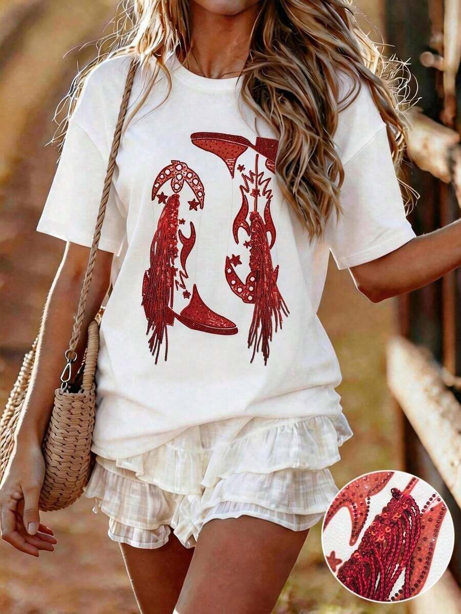 Camiseta de cuello redondo casual con estampado digital a rayas y bordado de fresa, regalo para amigos - Multicolor 3 - Ver 1