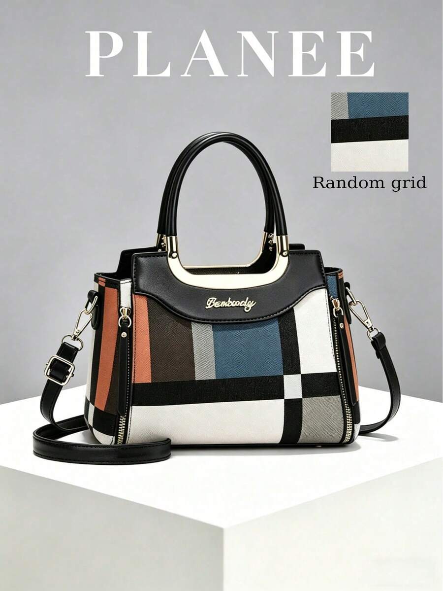 Sac à main rétro à carreaux pour femmes PLANEE, sac fourre-tout de grande capacité, sac à main et sac à épaule double usage, convient pour le travail et l'usage quotidien - Noir - Voir 1