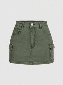 Minifalda casual cargo de mezclilla lavada para mujer - Verde militar - Ver 1