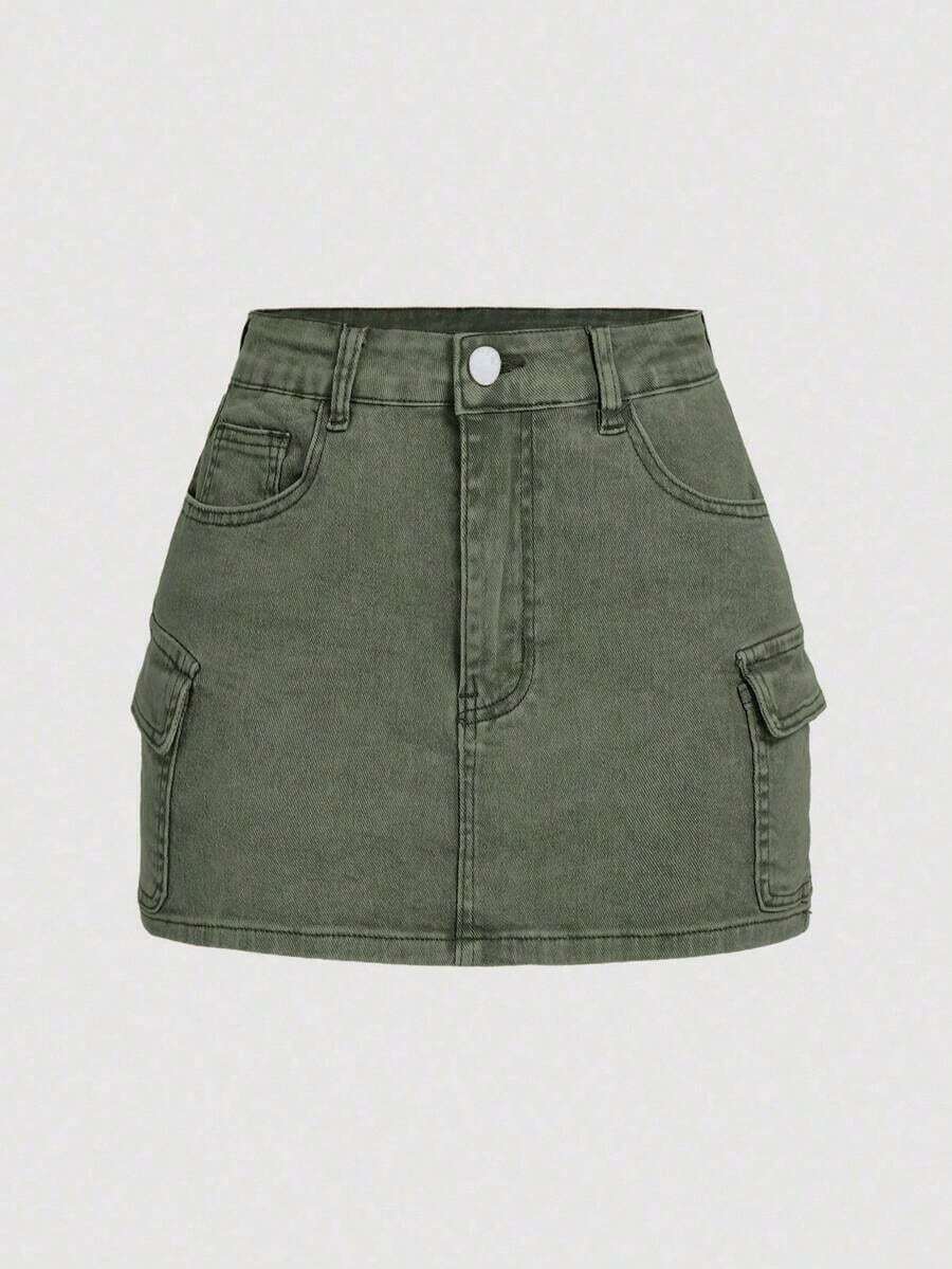 Minifalda casual cargo de mezclilla lavada para mujer - Verde militar - Ver 1