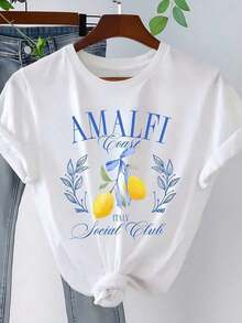 Camiseta clásica de 1 pieza para mujer con estampado de limones de la de Amalfi, cuello redondo, camiseta casual de algodón, tejido de punto de elasticidad media, corte regular para damas, para primavera/verano/otoño. - Blanco - Ver 6