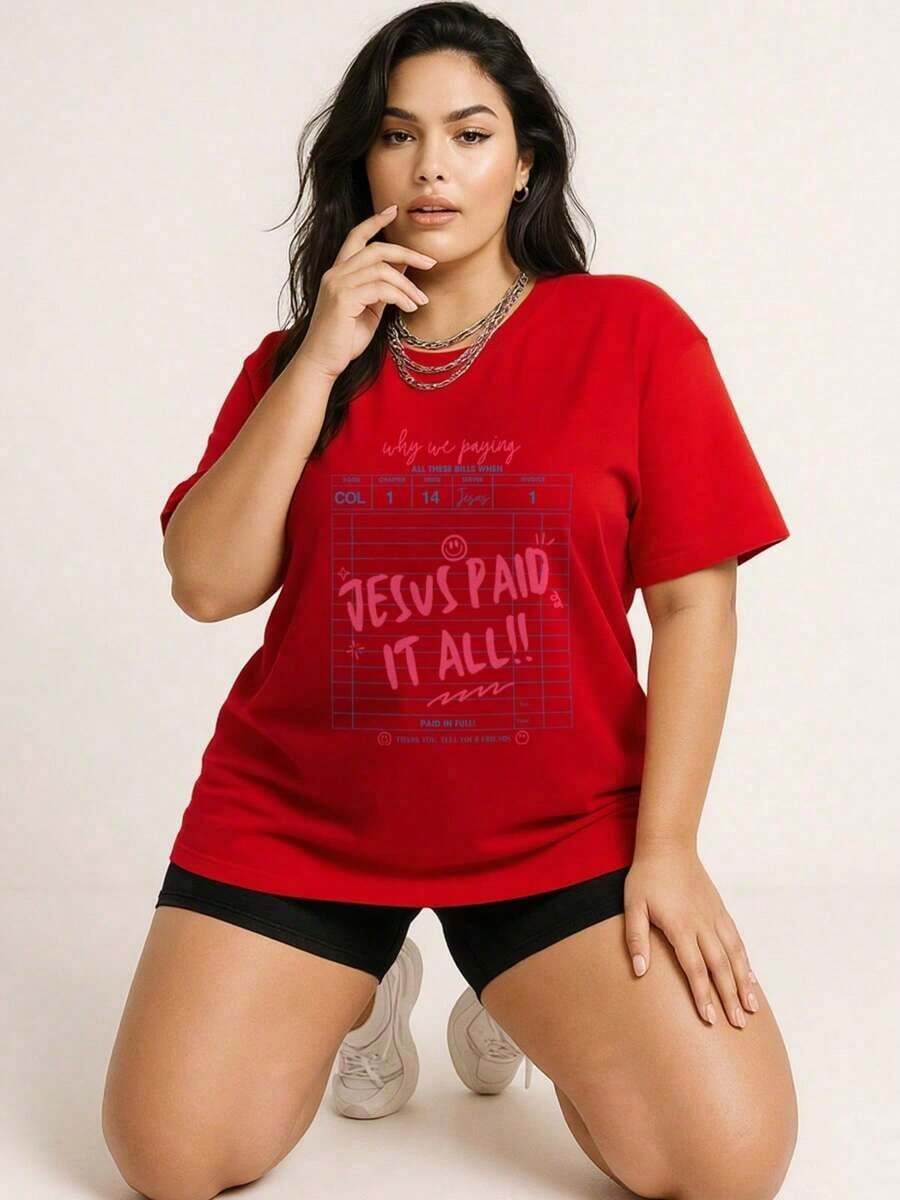 Women's Oversized Style, Jesus Paid It All, Christian T-Shirt Design, Worship T-Shirt, Direct-To-Film Print Christian T-Shirt, Guest Registration T-Shirt, Fashion Gift T-Shirt, Women's Oversized T-Shirt, Perfect For Holiday Parties Or As A Gift, Soft And Comfortable - 紅色 - 查看 1