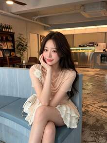 露肩渐变印花上衣，蝴蝶结不对称下摆，休闲、约会、度假装，女士春夏款 - 粉色 - 查看 4