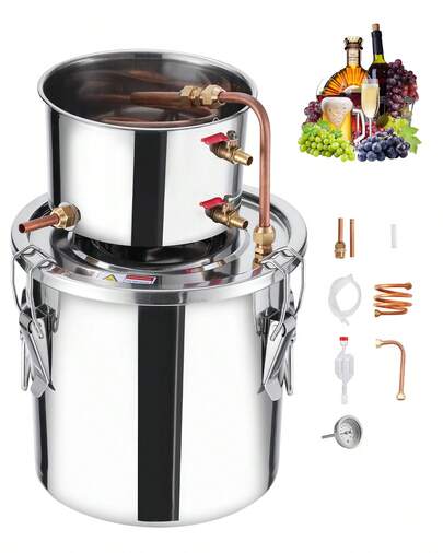 Système de distillation d'alcool, 11,4 L (3 gal) en acier inoxydable avec serpentin en cuivre, kit de fermentation et d'affinage pour le brassage maison, avec thermomètre, pour le vin, le whisky, le brandy et l'argent.