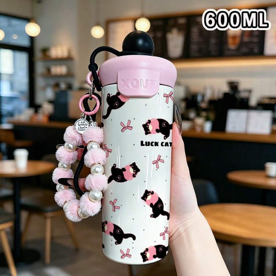1個 600ML 不鏽鋼保溫杯,附貓咪圖案、粉色珍珠掛繩與黑色矽膠吊繩、杯蓋與矽膠吸管,適用於咖啡、茶、果汁、冷熱飲,適合戶外露營、辦公室、學校、居家使用,夏季生日禮物 - 彩色 - 查看 1