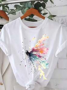 Plus Size Women's T-Shirt With Sparkling Butterfly Print - Casual Short Sleeve Crew Neck Top, Vintage Style For Vacation, Breathable Fabric, Machine Washable, Women's Spring Summer Clothing Y2k T-Shirt Shirt - 白色 - 查看 4