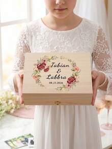 1pc Custom Wedding Wooden Keepsake Box, Personalized Names & Date Memory Box With Floral Wreath Design, Wedding/Bridal Shower Gifts, Party Desktop Decoration Gift Box, Engagement Gift Box - Multicolor - View 4