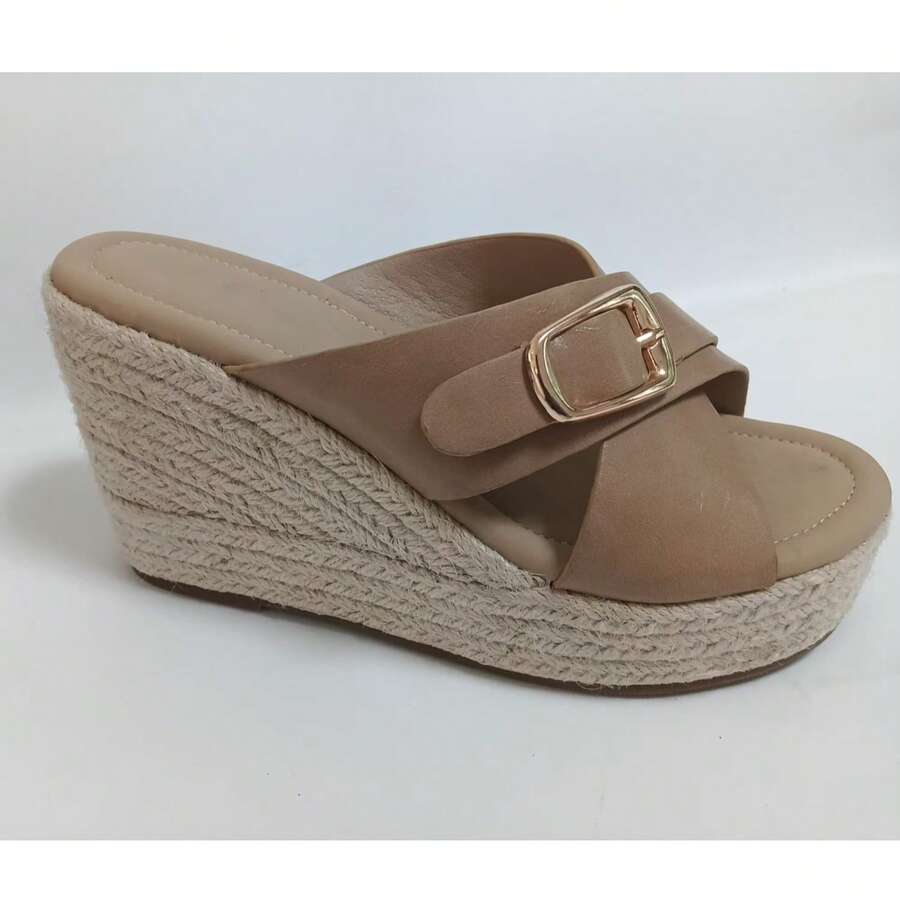 Scarpe casual alla moda con tacco a zeppa da donna, sandali in pelle PU di colore solido per strada, discoteca, spiaggia, resort, primavera/estate - Albicocca - Visualizzare 1