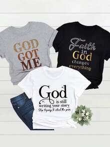 Short-Sleeved T-Shirt With Religious-Themed Letter Print, Round Neck, Casual, All-Season, Everyday Casual Top, Suitable For Summer And Spring, Women's Clothing, Available In Multiple Sizes, Seasonal Clothing, Spring Wardrobe, Religious-Themed Design, Geometric Pattern, Durable Stitching, Breathable Fabric, Multi-Piece T-Shirt Set, Printed T-Shirt, Women's Fashion, Versatile Top. - 白色 - 查看 1