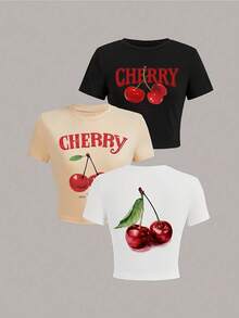 Camiseta casual de manga larga con cuello redondo y estampado de cerezas, de corte ajustado, perfecta para el verano. - Blanco - Ver 1