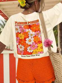 Short-Sleeved T-Shirt With Floral Print, Casual White Summer Holiday Wear, Women's Oversized Vintage Graphic T-Shirt Cotton - 杏 - 查看 4