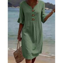 Women's Cotton Linen V-Neck Dress, Button Front Ruffle Sleeve Dress, Casual Summer Outfit - 白色 - 查看 4