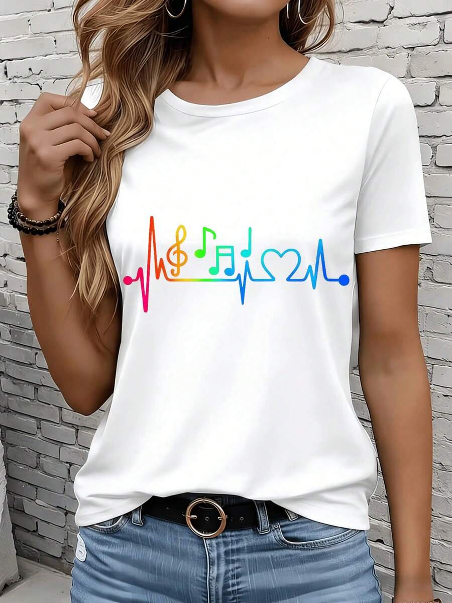 Women's Short-Sleeved T-Shirts In Black And White Are Suitable For Everyday Wear, Lounging At Home, And Outdoor Activities. This T-Shirt Features A Rainbow And Heartbeat Design, A Casual Style, Short Sleeves, And A Graphic Print Perfect For Music Lovers. It Makes A Great Gift For Parties Or Holidays. - 白色 - 查看 1
