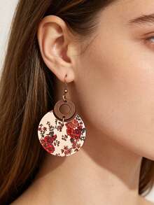 1 Pair Bohemian Wooden Printed Geometric Circle Patchwork Earrings - Multicolor - View 2