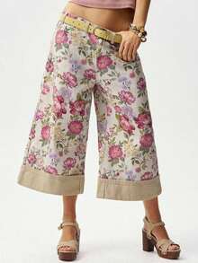 Pantalones casuales sueltos de mujer de 7/8 de longitud con estampado tejido - Albaricoque - Ver 5