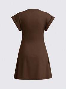 Vestido corto casual de punto de unicolor con cuello redondo, manga corta y cordón lateral para mujer - Marrón - Ver 6