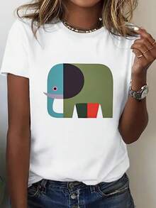 Plus Size, Women's Oversized T-Shirt With Abstract Elephant And Letter Print '' (For Mare/ Marie) - Round Neck, Casual, Warm For Winter - Machine Washable, Comfortable - Chinese Textile Product Labeling - In Stock For Immediate Delivery - White - View 6